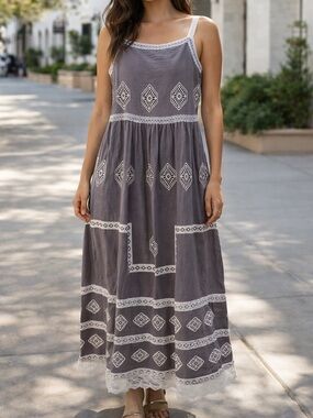 Misslook Gray and White Sleeveless Embroidered Lace Trim Maxi Dress XL